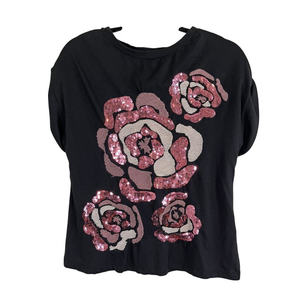 Colorful Sequin Floral Top Black S Glam Feminine Cottage Preppy Chic Skater Arts